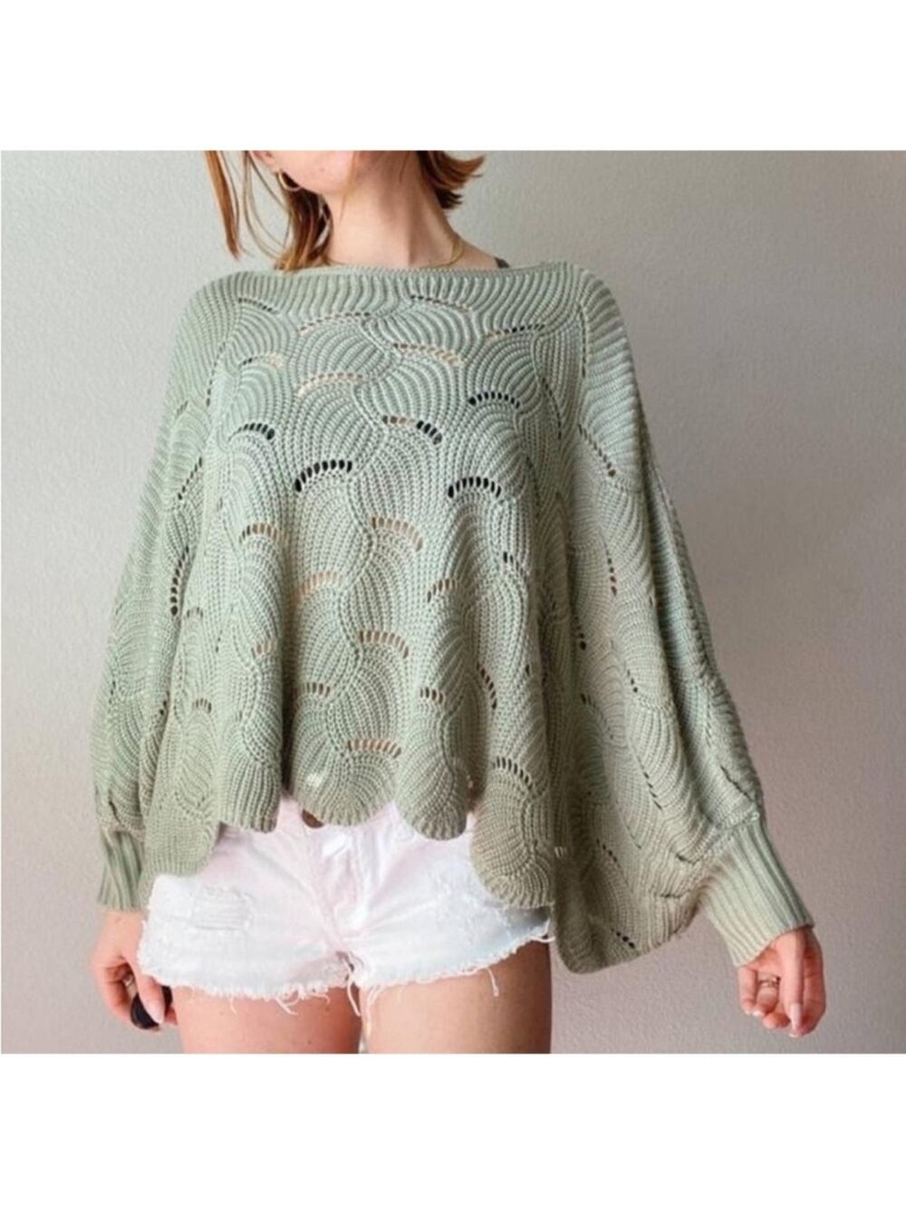 Anthropologie Moon & Madison Knit Poncho Sweater Army Green Small